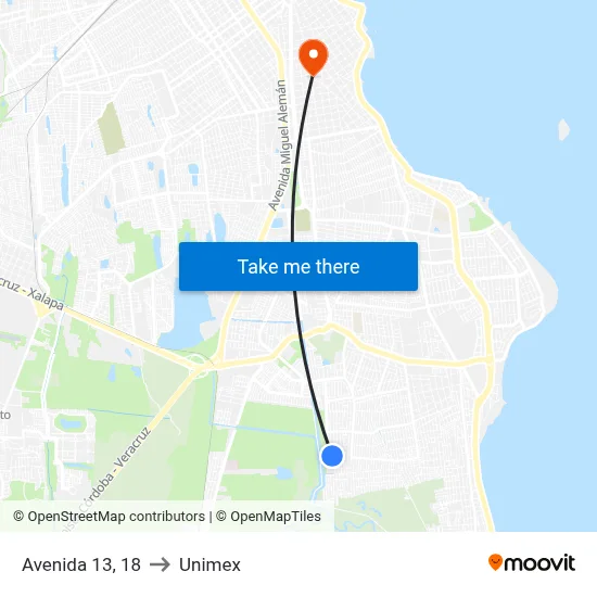 Avenida 13, 18 to Unimex map