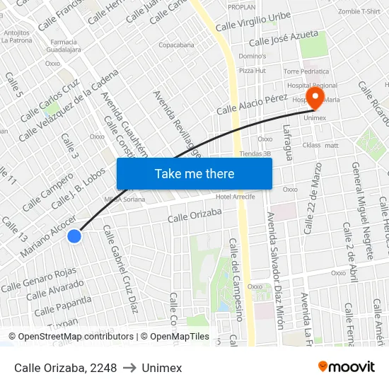 Calle Orizaba, 2248 to Unimex map