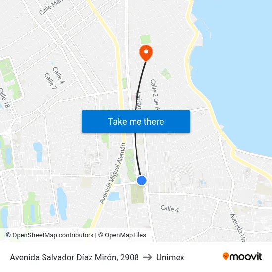 Avenida Salvador Díaz Mirón, 2908 to Unimex map