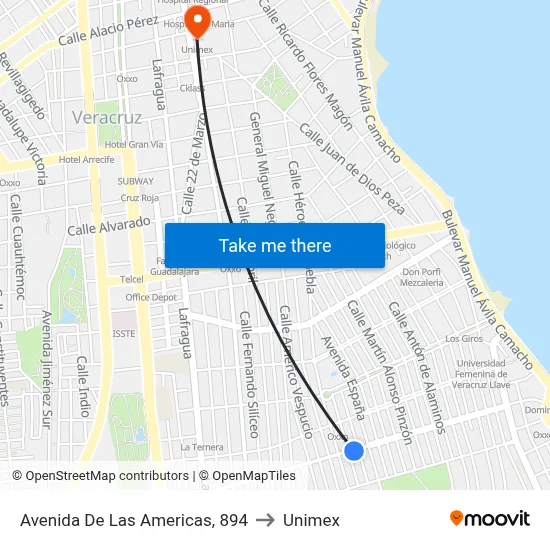 Avenida De Las Americas, 894 to Unimex map