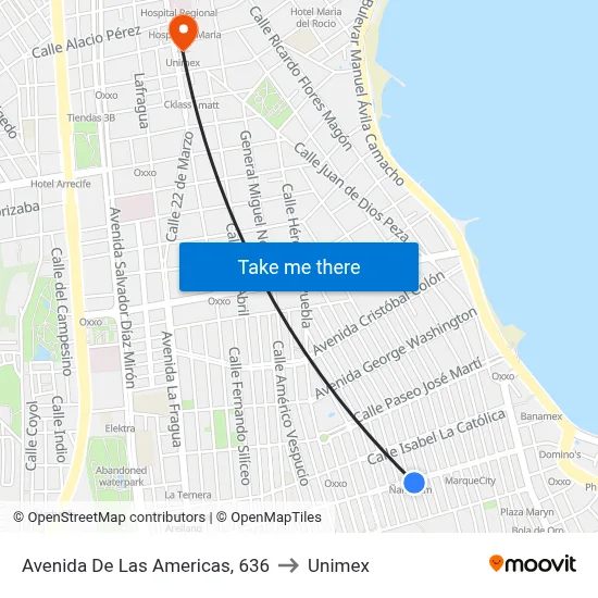 Avenida De Las Americas, 636 to Unimex map