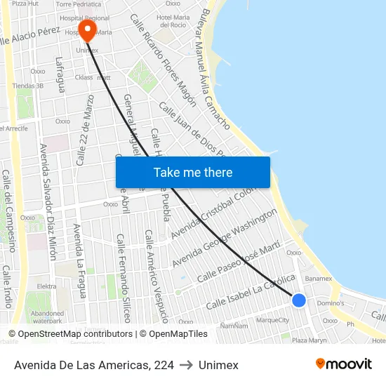 Avenida De Las Americas, 224 to Unimex map