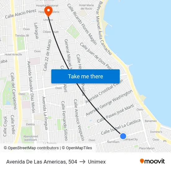 Avenida De Las Americas, 504 to Unimex map