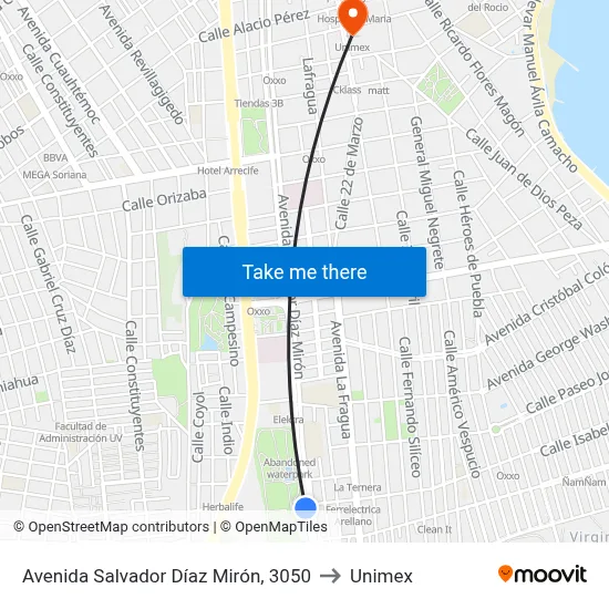 Avenida Salvador Díaz Mirón, 3050 to Unimex map