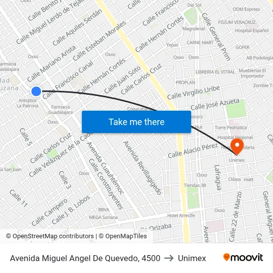 Avenida Miguel Angel De Quevedo, 4500 to Unimex map