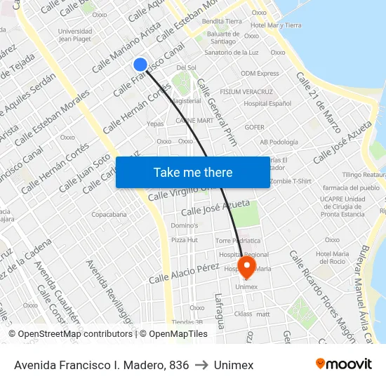 Avenida Francisco I. Madero, 836 to Unimex map