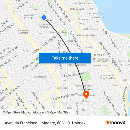 Avenida Francisco I. Madero, 608 to Unimex map