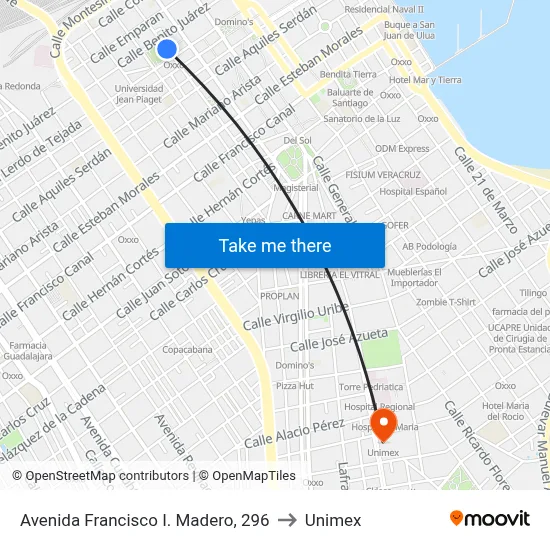Avenida Francisco I. Madero, 296 to Unimex map
