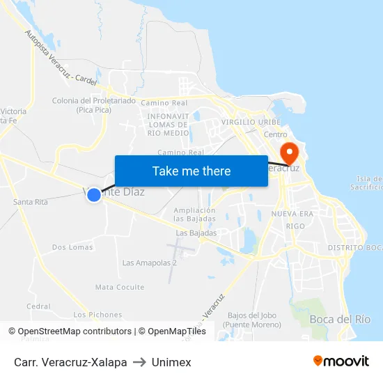 Carr. Veracruz-Xalapa to Unimex map