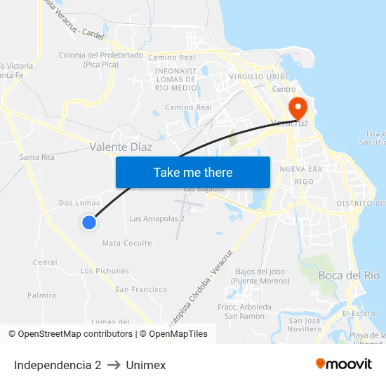 Independencia 2 to Unimex map