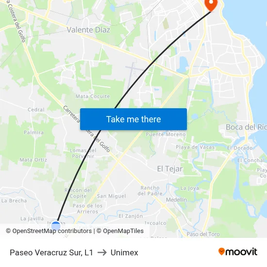 Paseo Veracruz Sur, L1 to Unimex map