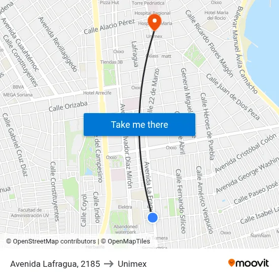 Avenida Lafragua, 2185 to Unimex map