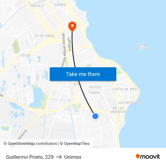Guillermo Prieto, 229 to Unimex map