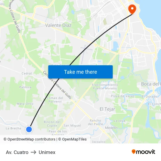 Av. Cuatro to Unimex map