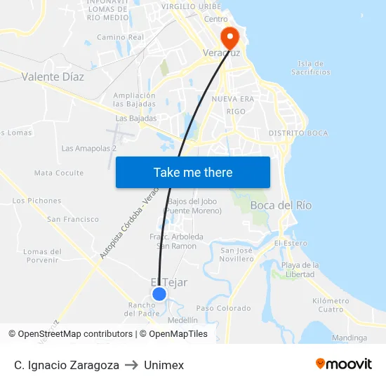 C. Ignacio Zaragoza to Unimex map