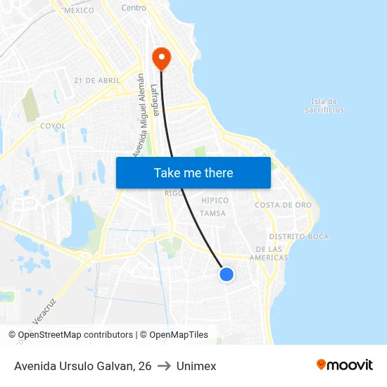 Avenida Ursulo Galvan, 26 to Unimex map