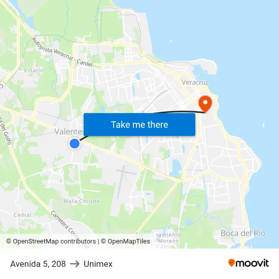 Avenida 5, 208 to Unimex map