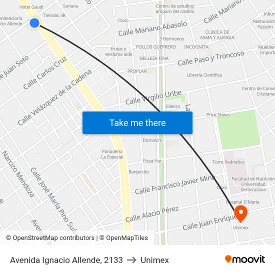 Avenida Ignacio Allende, 2133 to Unimex map
