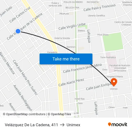 Velázquez De La Cadena, 411 to Unimex map