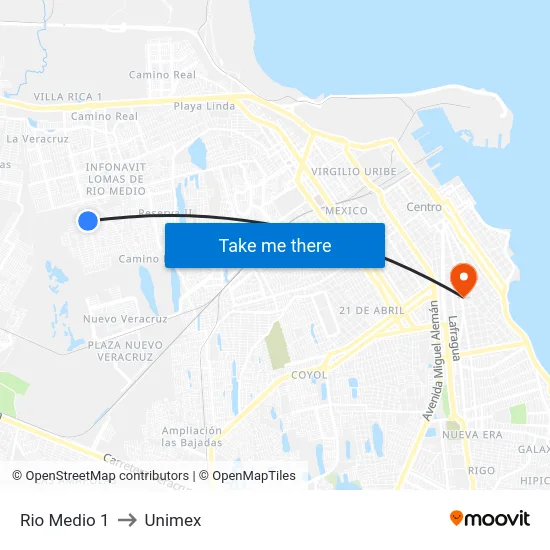 Rio Medio 1 to Unimex map