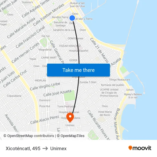 Xicoténcatl, 495 to Unimex map
