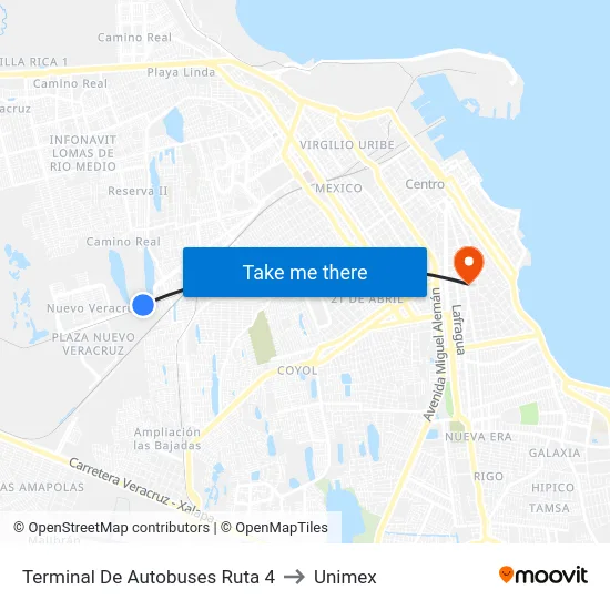 Terminal De Autobuses Ruta 4 to Unimex map