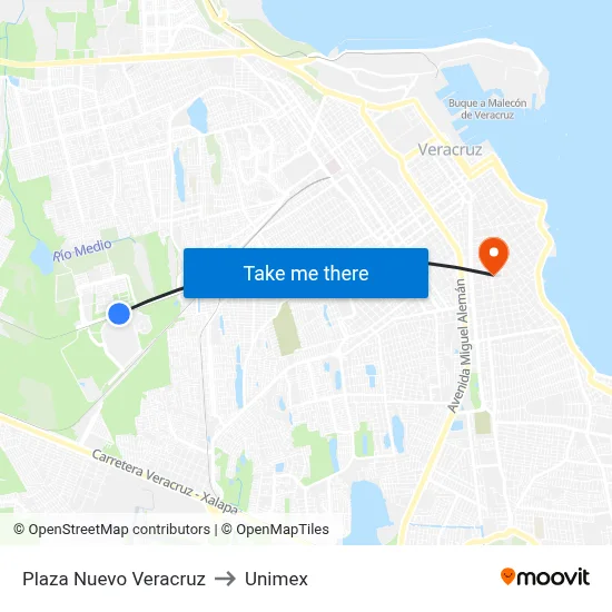 Plaza Nuevo Veracruz to Unimex map