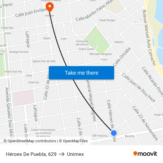 Héroes De Puebla, 629 to Unimex map