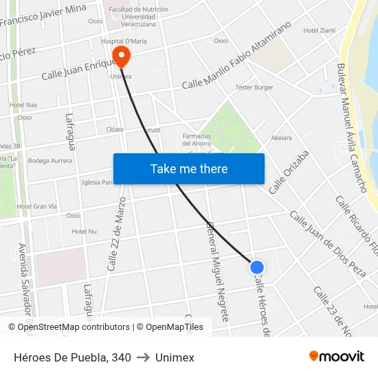 Héroes De Puebla, 340 to Unimex map