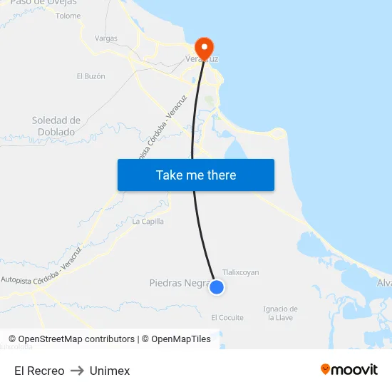 El Recreo to Unimex map