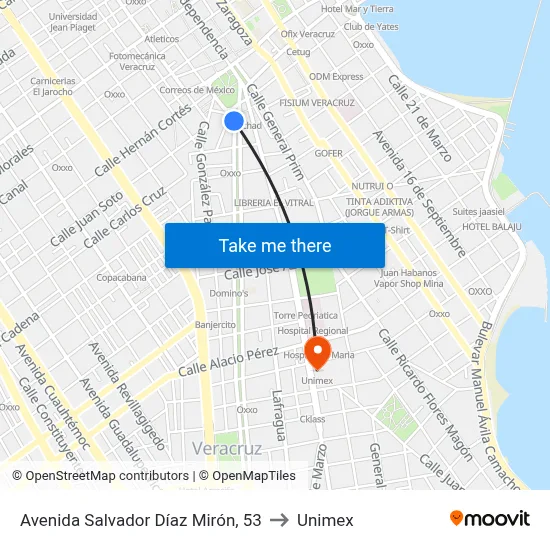 Avenida Salvador Díaz Mirón, 53 to Unimex map