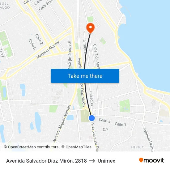 Avenida Salvador Díaz Mirón, 2818 to Unimex map