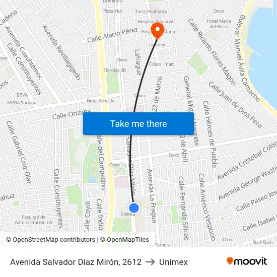 Avenida Salvador Díaz Mirón, 2612 to Unimex map