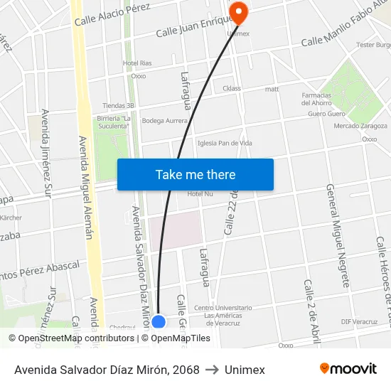 Avenida Salvador Díaz Mirón, 2068 to Unimex map