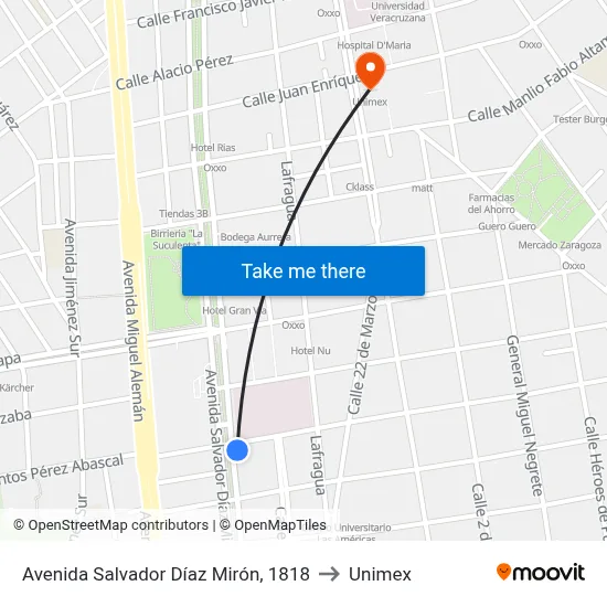 Avenida Salvador Díaz Mirón, 1818 to Unimex map