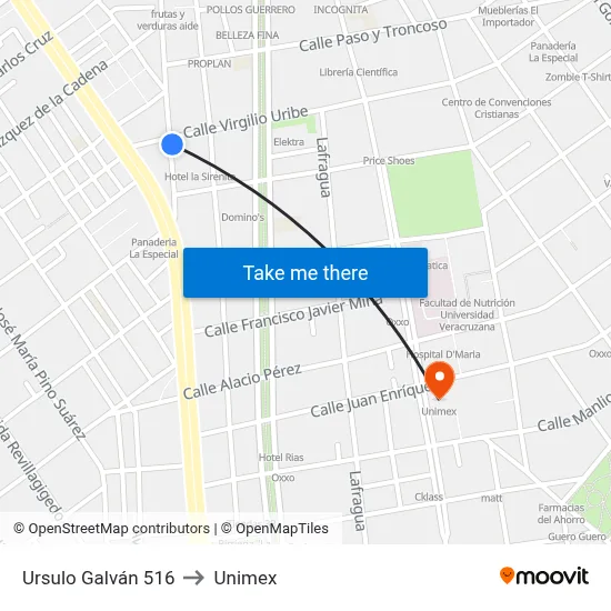 Ursulo Galván 516 to Unimex map