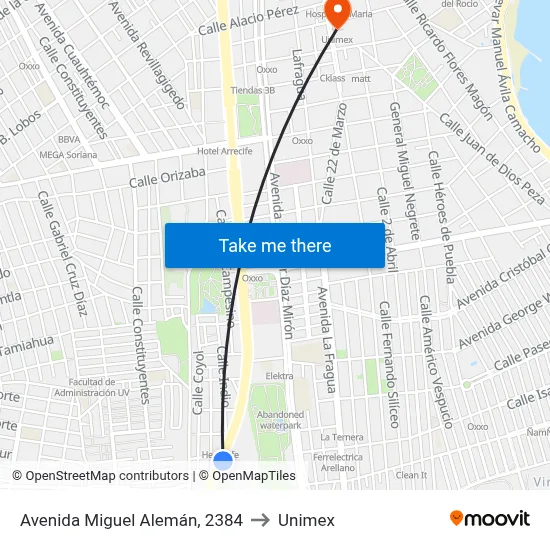 Avenida Miguel Alemán, 2384 to Unimex map