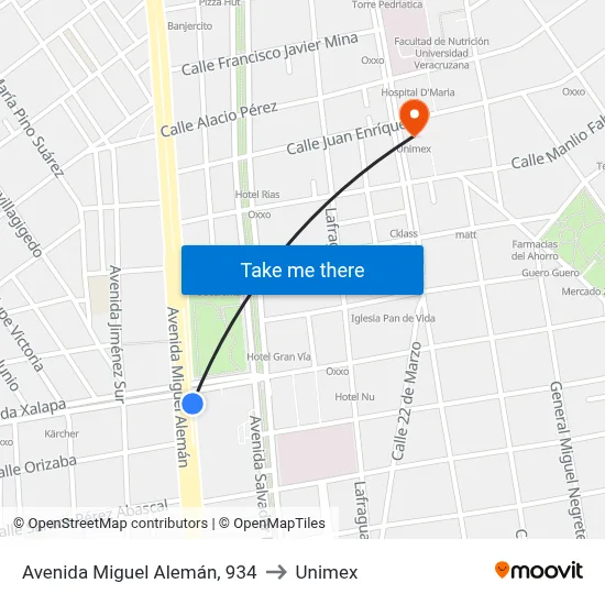 Avenida Miguel Alemán, 934 to Unimex map