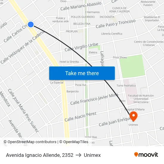 Avenida Ignacio Allende, 2352 to Unimex map