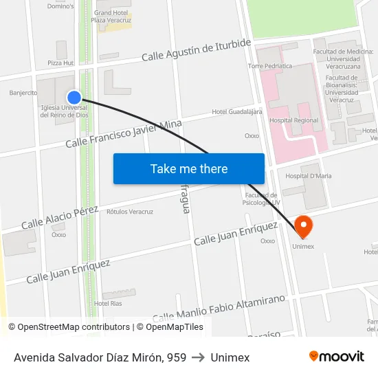Avenida Salvador Díaz Mirón, 959 to Unimex map