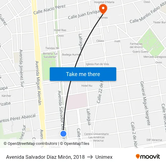 Avenida Salvador Díaz Mirón, 2018 to Unimex map