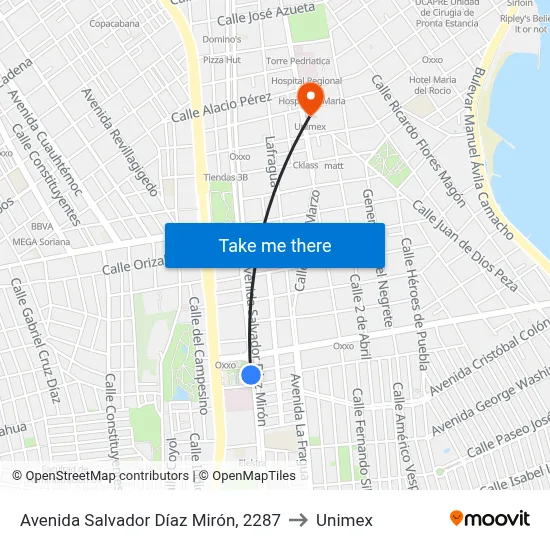 Avenida Salvador Díaz Mirón, 2287 to Unimex map
