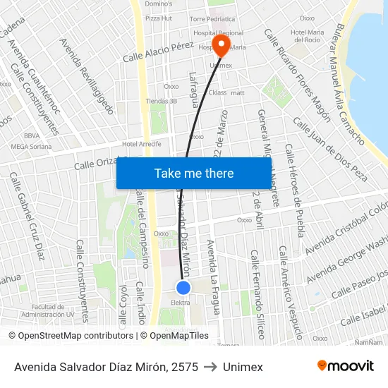Avenida Salvador Díaz Mirón, 2575 to Unimex map