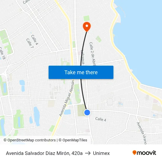 Avenida Salvador Díaz Mirón, 420a to Unimex map