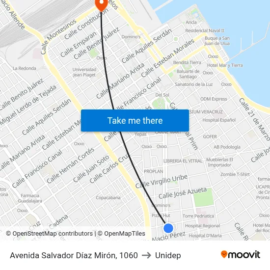 Avenida Salvador Díaz Mirón, 1060 to Unidep map