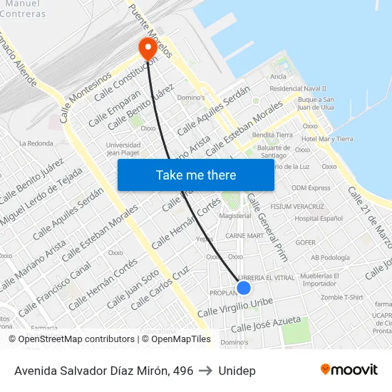 Avenida Salvador Díaz Mirón, 496 to Unidep map