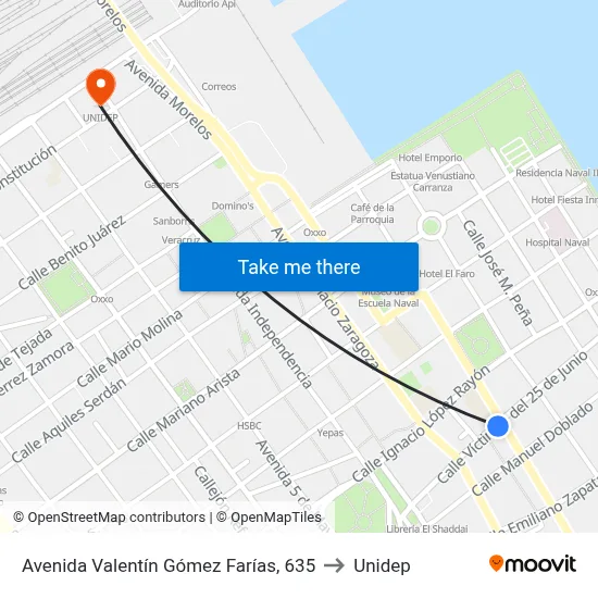 Avenida Valentín Gómez Farías, 635 to Unidep map