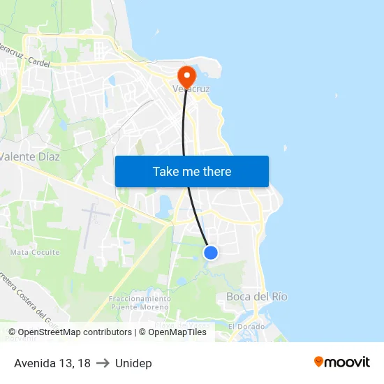 Avenida 13, 18 to Unidep map