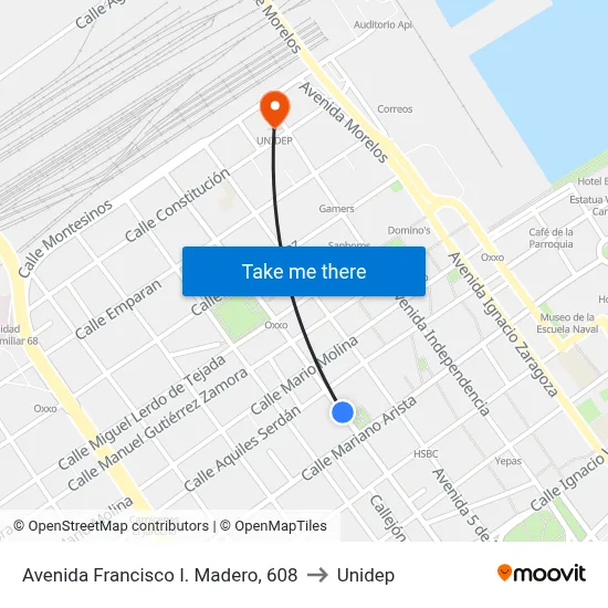 Avenida Francisco I. Madero, 608 to Unidep map