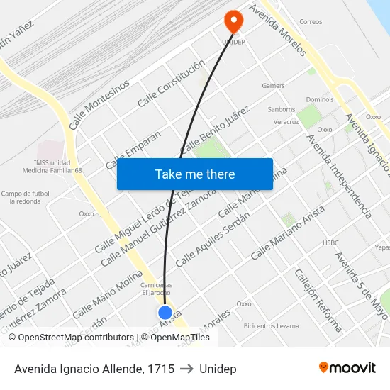 Avenida Ignacio Allende, 1715 to Unidep map